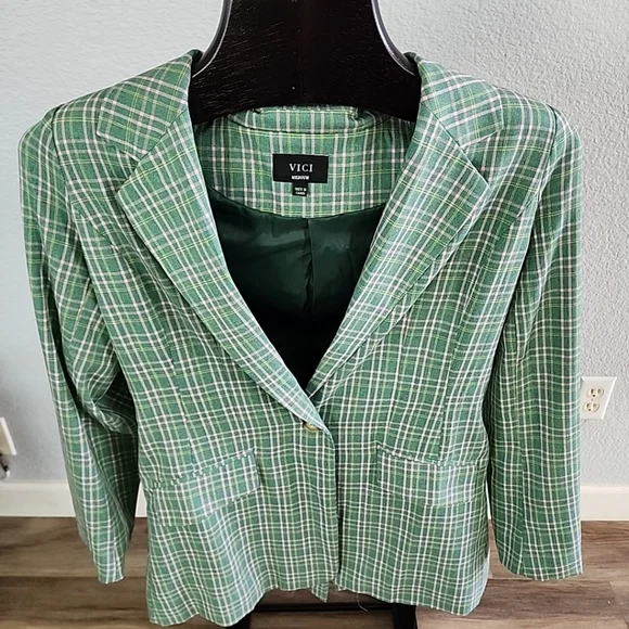 Vici Green Pink Plaid Mid Length Blazer Jacket One Button Medium - Picture 5 of 12